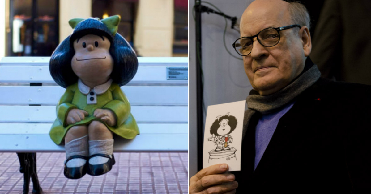 Mafalda en el "Paseo de la Historieta" en San Telmo, Buenos Aires (i) y El historietista "Quino" (d) © Collage Wikipedia - Wikimedia