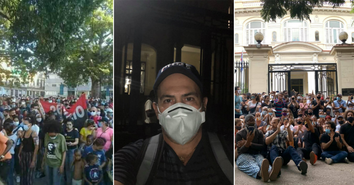 De izquierda a derecha: Concentración oficialista en el Parque Trillo el 29 de noviembre, Yunior Morales, Cubanos que se manifestaron frente al MINCULT el 27 de noviembre © Collage Facebook/Yunior Morales