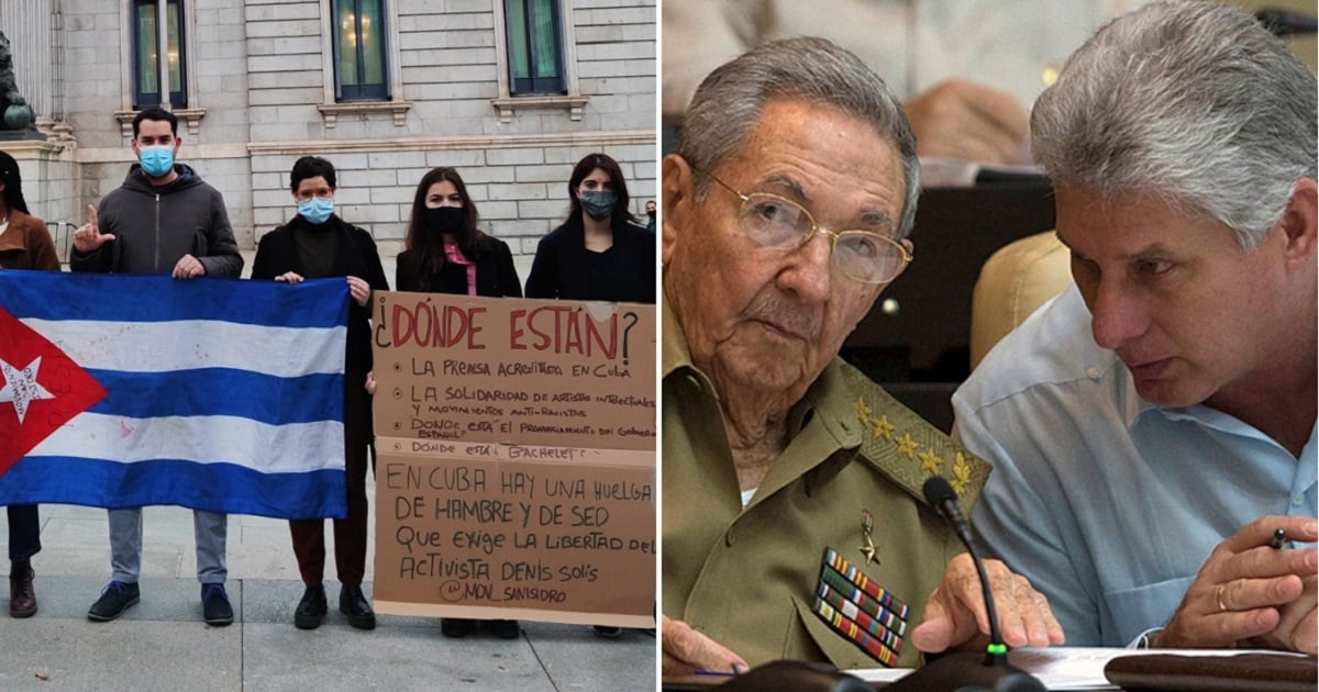 Cubanos en una manifestación en Madrid y una imagen de Raúl Castro y Mieguel Díaz-Canel. © Facebook / Yanelis Núñez / Cubadebate / Ismael Francisco