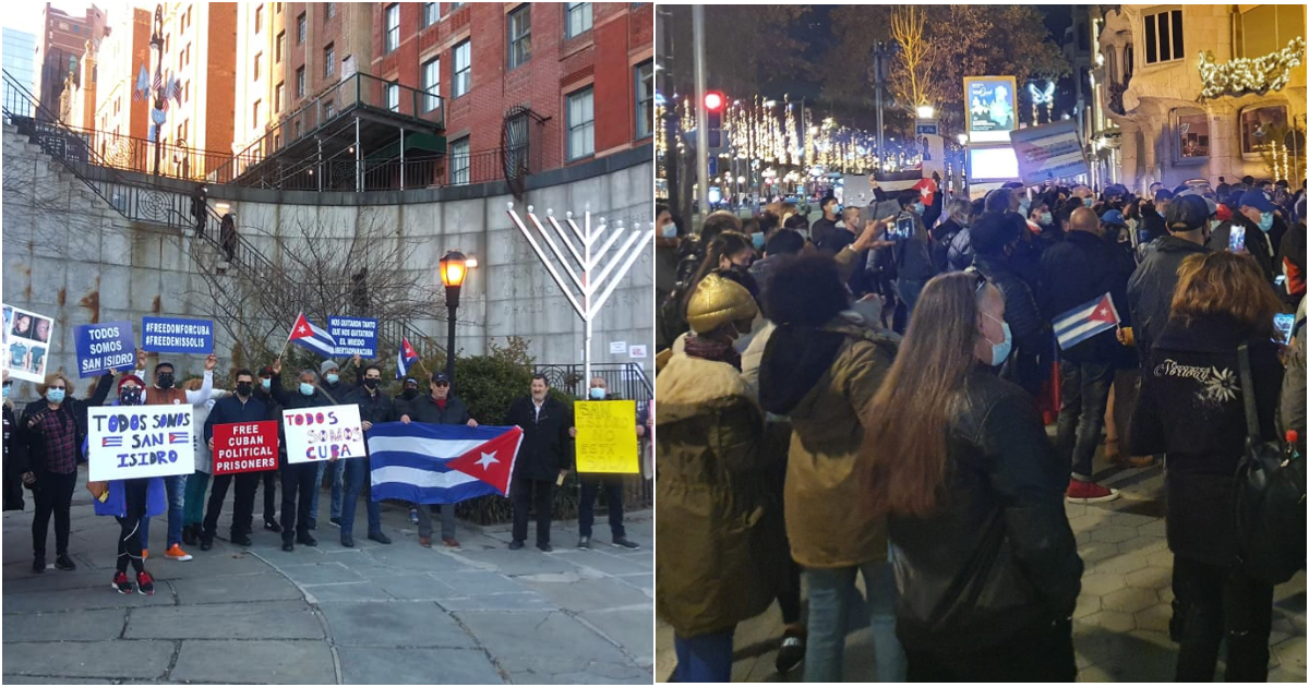 cubanos en New York y Barcelona manifestándose por lo derechos humanos en las isla © collage de Facebook / Enrique del Risco y CiberCuba