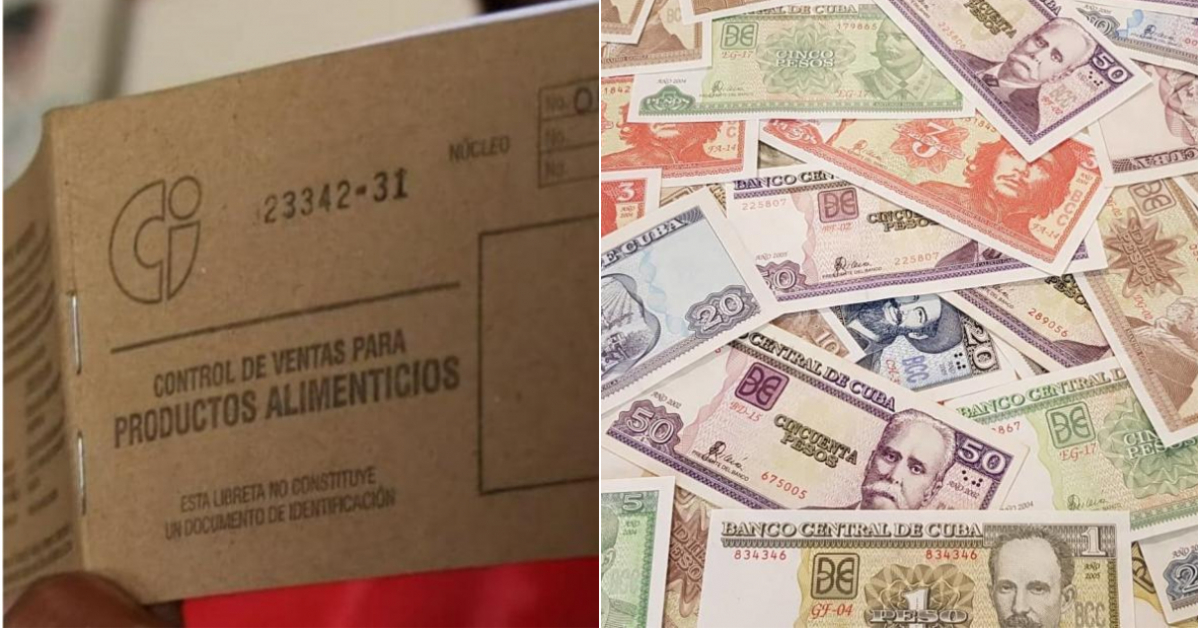 Libreta de abastecimientos de la Canasta Familiar Normada y CUP (peso cubano) © collage de imagen de Cibercuba y Vanguardia