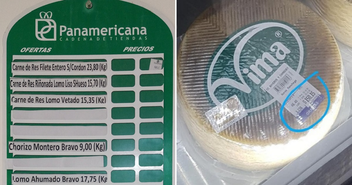 Tabla de precios en tienda MLC y queso Manchego. © Cibercuba / Twitter / Rafa Cuba