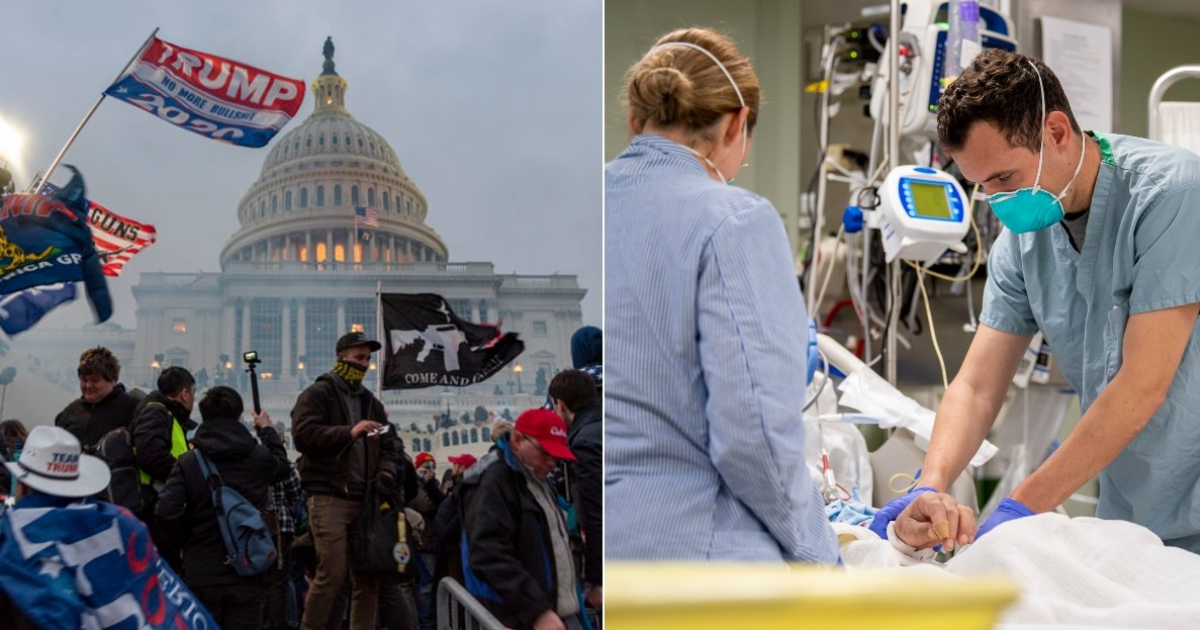 Manifestación frente al Capitolio/Paciente de Covid-19 © Flickr Blink O'fanaye y Official U.S. Navy Page