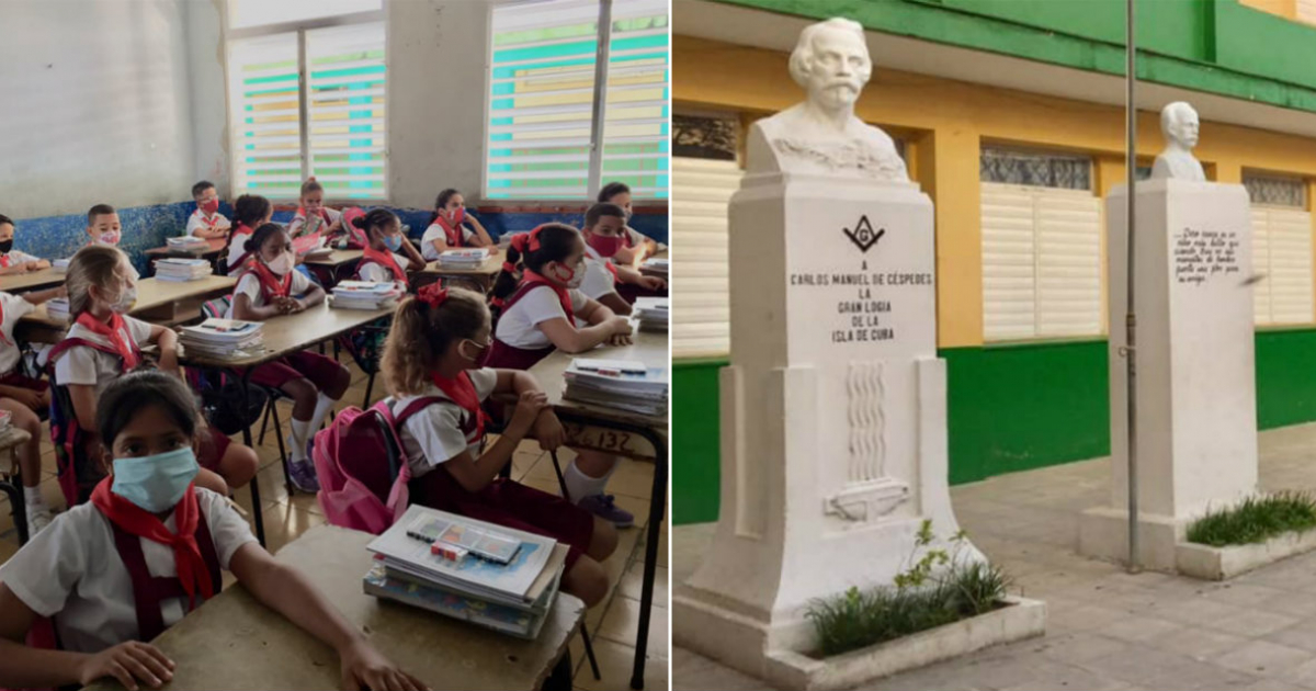 Niños en un aula de la escuela que ha cerrado (i) y Patio de la escuela Carlos Manuel de Céspedes, en Bayamo (d) © Collage Facebook/SI Carlos Manuel de Céspedes