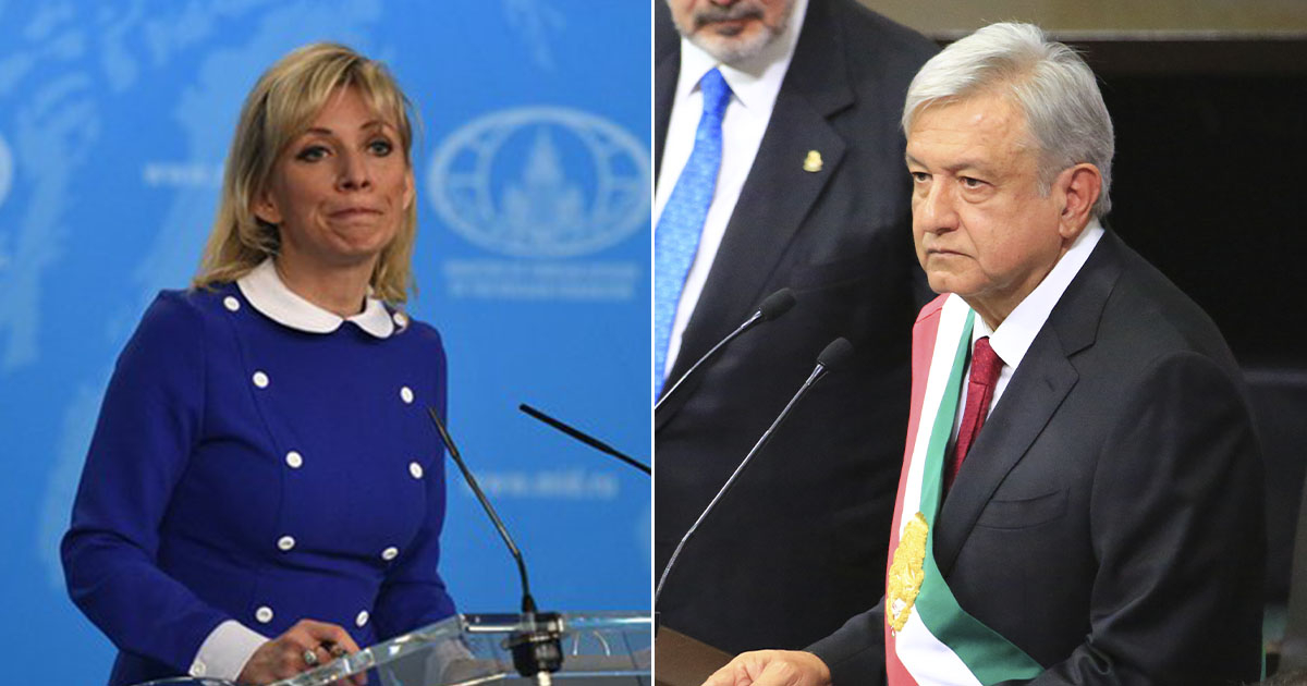Maria Zajarova, portavoz del Ministerio de Exteriores de Rusia (i) y Andrés Manuel López Obrador (d) © twitter_Sumarium / flickr_Gobierno Danilo Medina