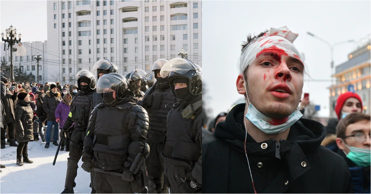 Policía rusa antidisturbios y manifestante herido en la protesta © Twitter / Alex Kokcharov 
