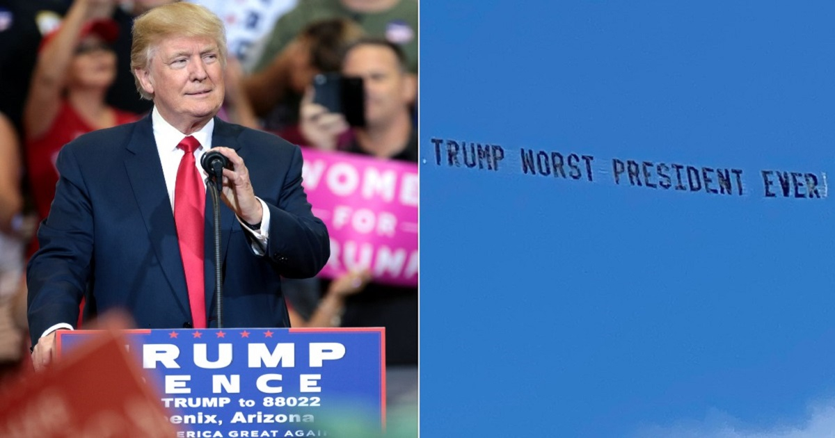 Donald Trump y cartel de avión en Palm Beach. © Flickr / Gage Skidmore y Twitter / Daniel Uhlfelder