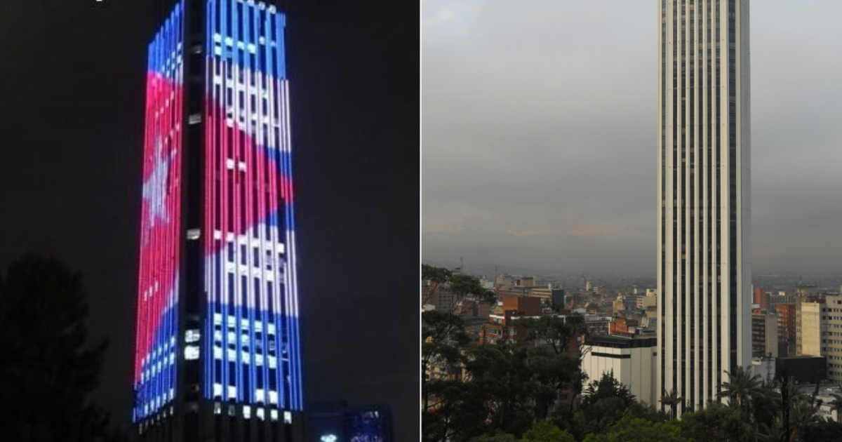 Imagen del rascacielo © Twitter de la Embajada de Cuba en Colombia y Felipe Restrepo vía Wikimedia Commons 