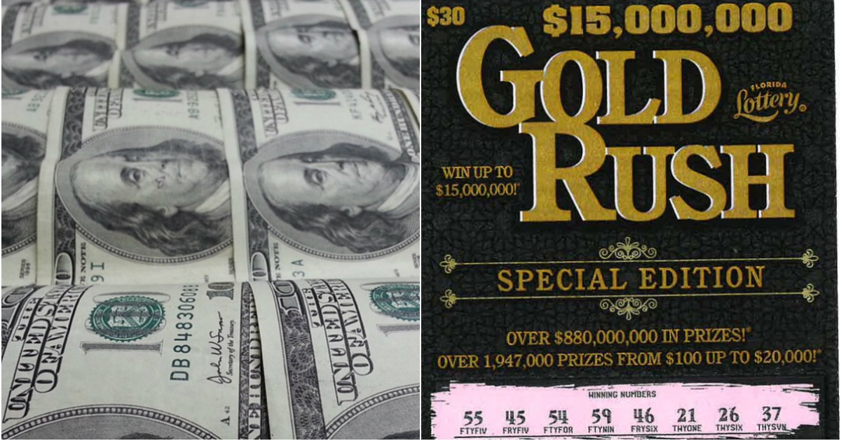 Dólares (i) y Boleto de Gold Rush Special Edition © Collage Wikimedia - Twitter-Florida Lottery