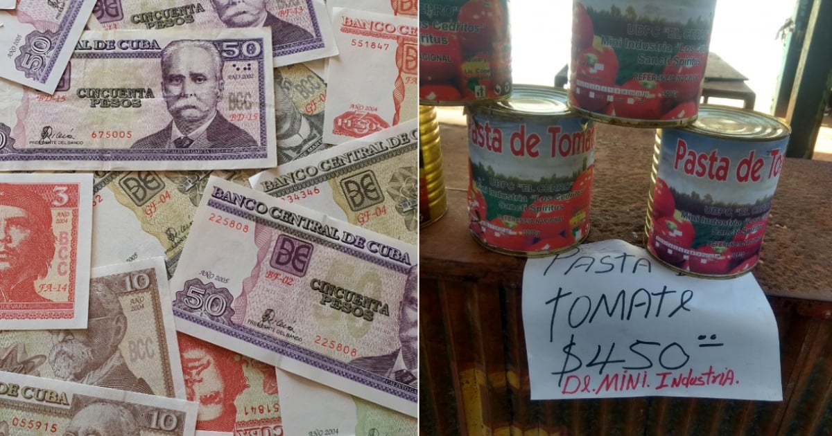 Dinero cubano (i) y Pasta de tomate a 450 pesos (d) © Collage CiberCuba - Facebook/José Agustín Palacio Reyes
