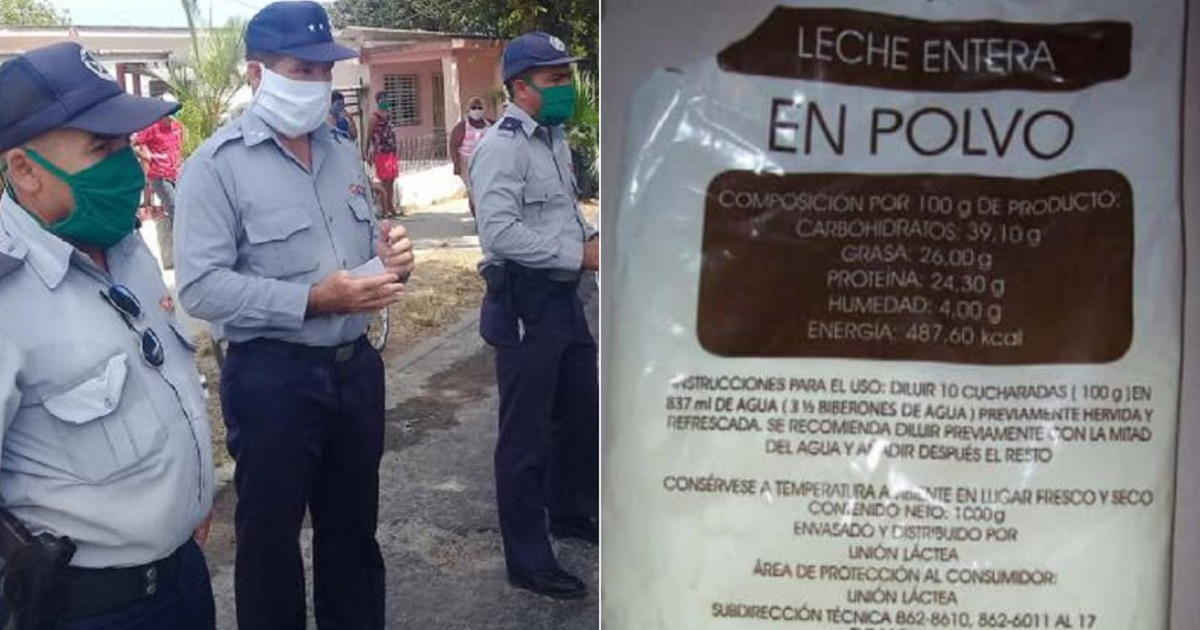 Policías cubanos y paquete de leche en polvo. © Tribuna de La Habana / Periódico Pinero