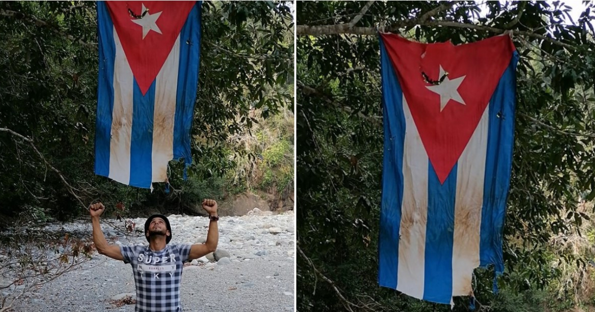 Bandera que un cubano se tropezó en mitad de la Selva del Darién © Facebook/Yuliesky Torres Díaz