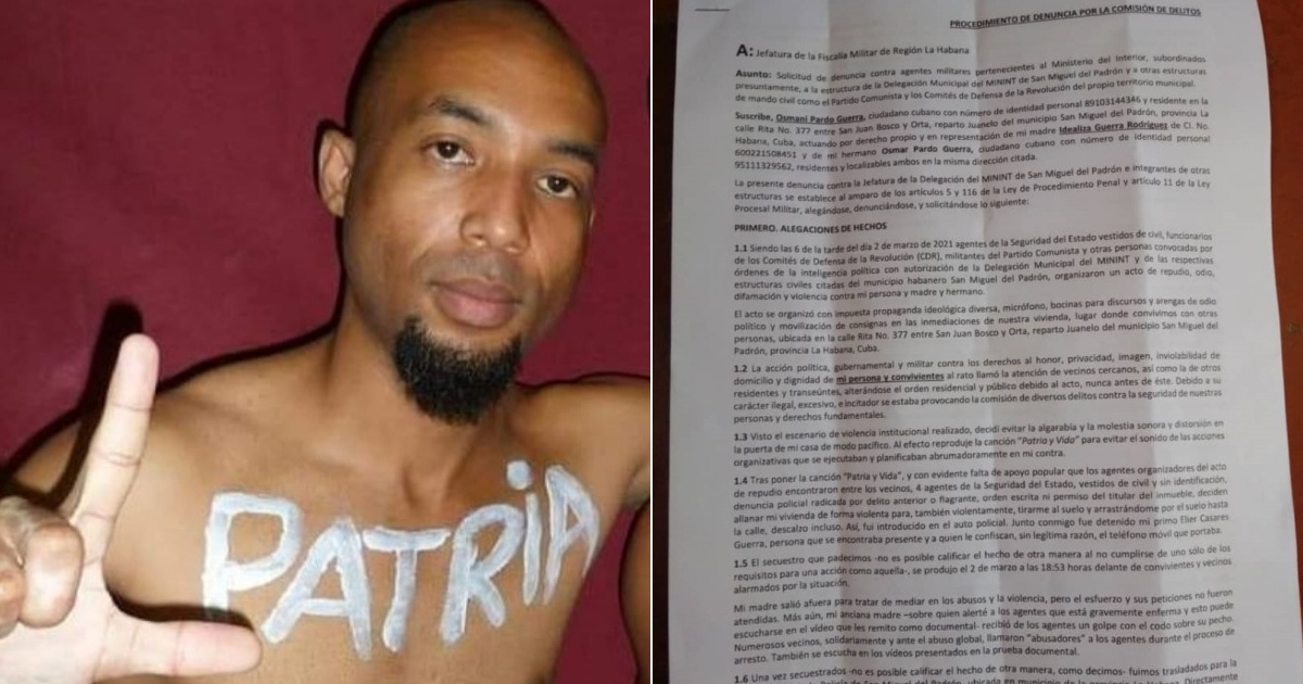 Osmani Pardo (i) y La denuncia interpuesta por Osmani en una fiscalía en Cuba (d) © Collage Facebook/Osmani Pardo - Twitter/Prisoners Defenders