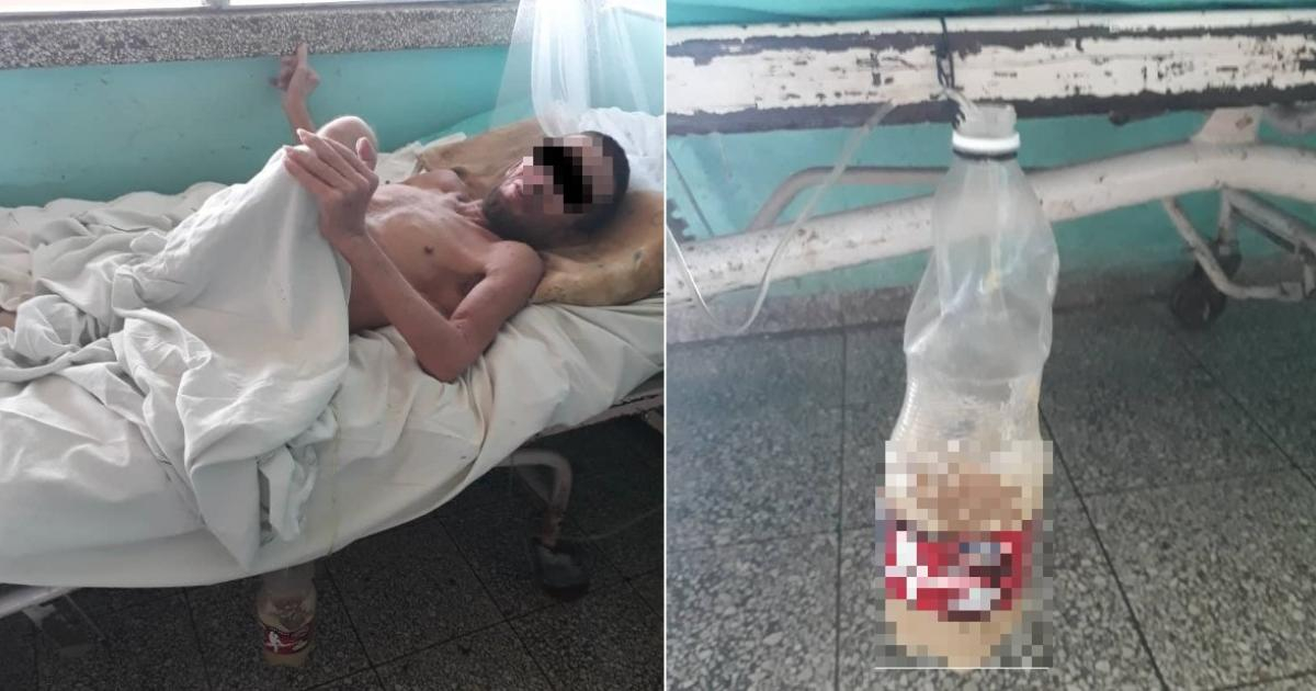 Enfermo en un hospital cubano y pomo de refresco para recoger la orina © Alexander Raúl Pupo Casas/ Facebook