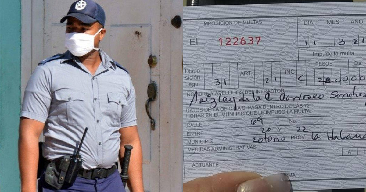 Policía cubano (imagen de referencia) y recibo de la multa a la estudiante © ACN y Facebook / Katty Sánchez