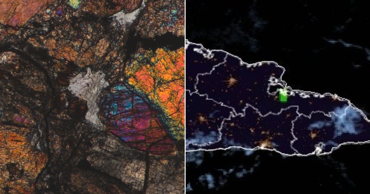 Sección de meteorito e imagen satelital del destello producido el pasado viernes © Josep M. Trigo / CSIC-IEEC - Facebook / Manuel Iturralde Vinent