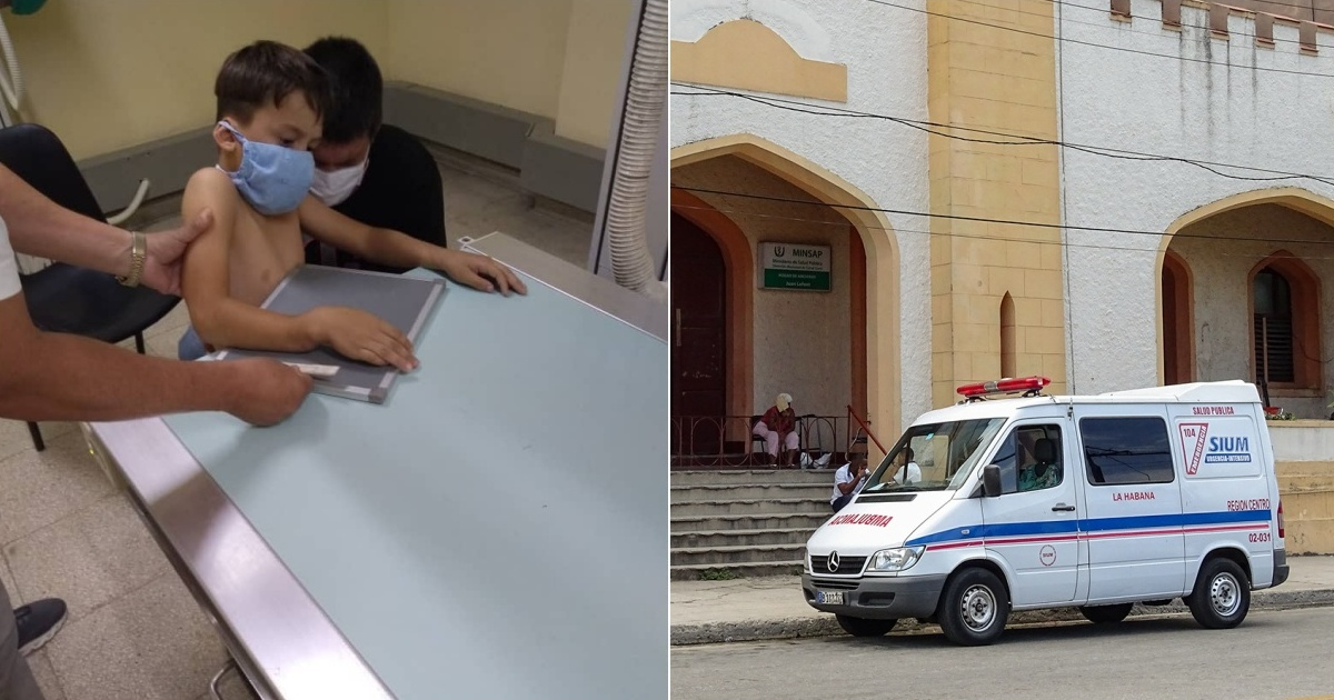 Niño con una fractura en un brazo (i) y Ambulancia (d) (referencia) © Collage Facebook/Samuel Rodríguez - CiberCuba
