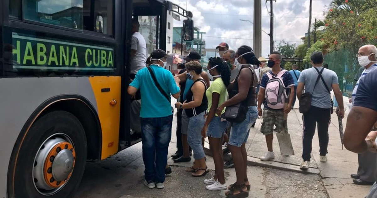 Cubanos hacen cola para subir a una guagua en plena pandemia del coronavirus. © CiberCuba