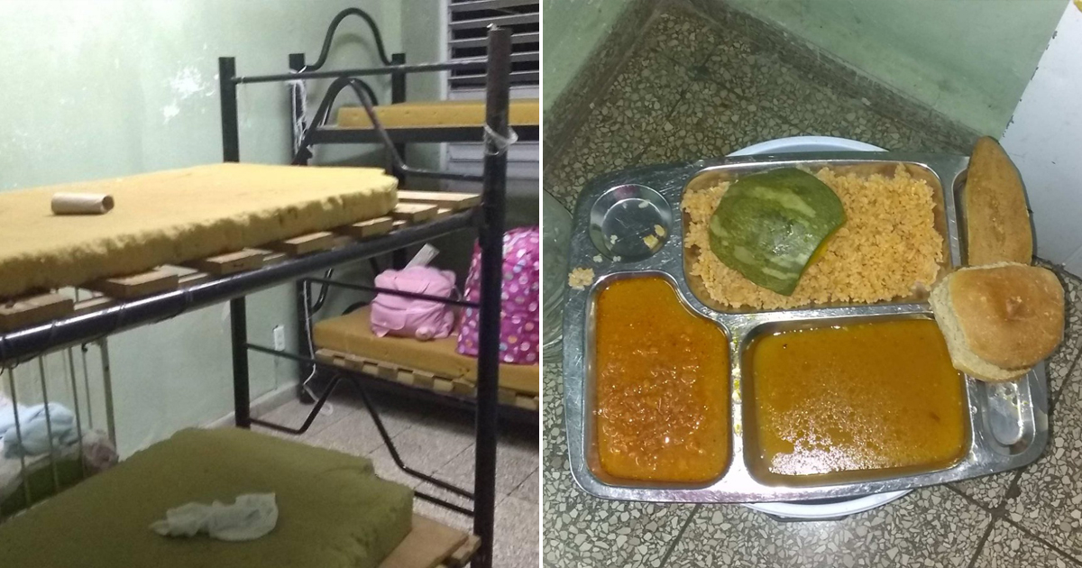 Literas sin sábanas y comida que se sirve en un centro de aislamiento en Granma. © CiberCuba