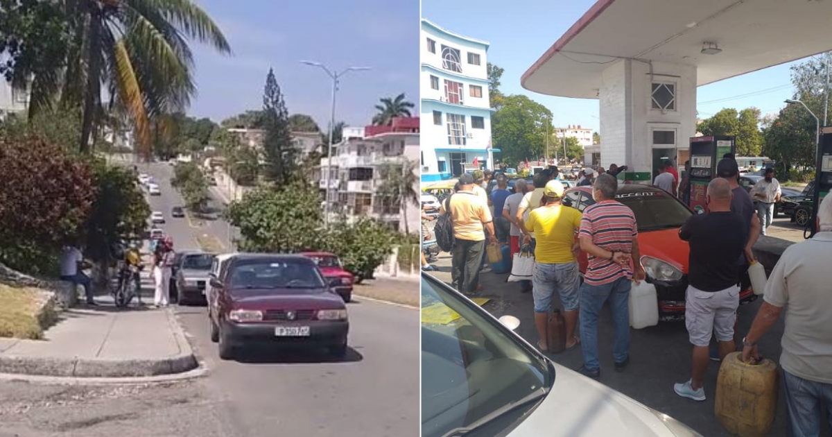 Cola de vehículos para comprar gasolina en Nuevo Vedado (i) y Congestión de personas en un Cupet de La Habana (d) © Collage Facebook/Amigos del Motor