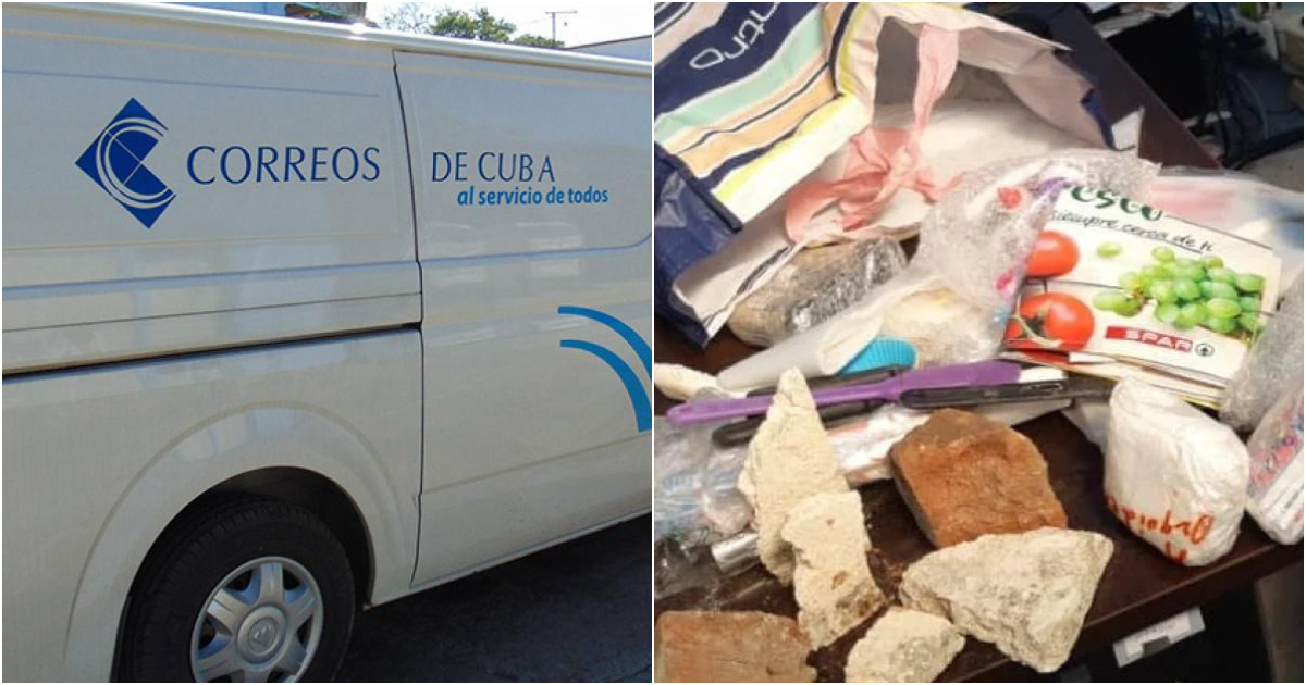 vehículo de Correos de Cuba y paquete robado con piedras y ladrillos puestos en lugar de la mercancía © cadenagramonte.cu y Facebook / Juaquina Nieves Muiño