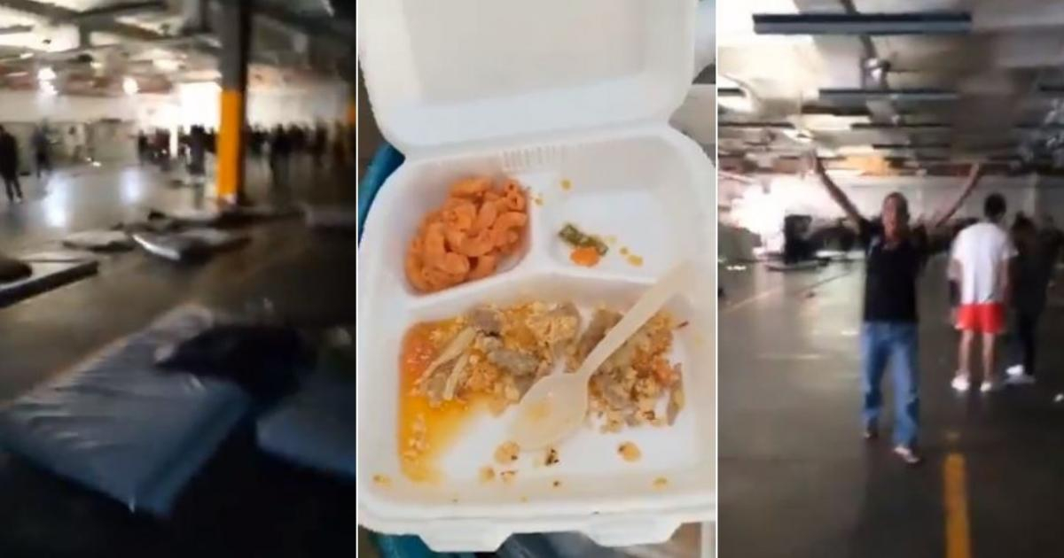 Colchonetas en el suelo, comida de los migrantes y migrante cubano © Captura de video de Twitter de Isaín Mandujano