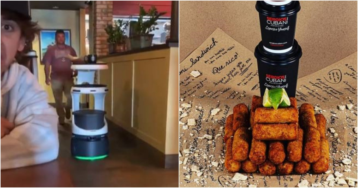 Robot en Restaurante cubano Sergio´s / Café y croquetas en Sergio´s © Collage CiberCuba Instagram Only in Dade y Sergio´s Restaurant