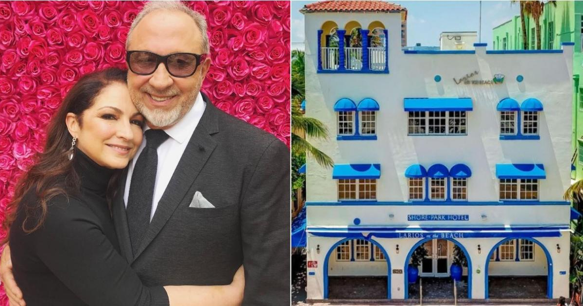 Gloria y Emilio Estefan y edificio en Miami Beach © Collage CiberCuba: Instagram / Emilio Estefan y Douglas Elliman