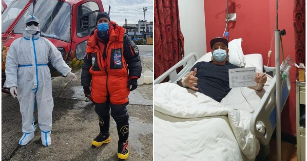 Yandy Núñez (a la derecha) en su traslado al hospital de Kathmandu y en el hospital © Facebook/The Cuban Mountaineer