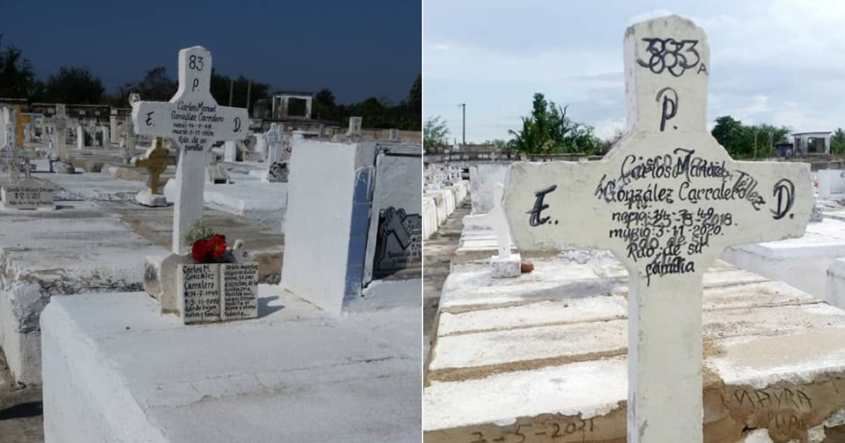 Tumba en cementerio de Las Tunas antes y después del robo (con el nombre ilegible). © Facebook / Yoicy Gonzalez