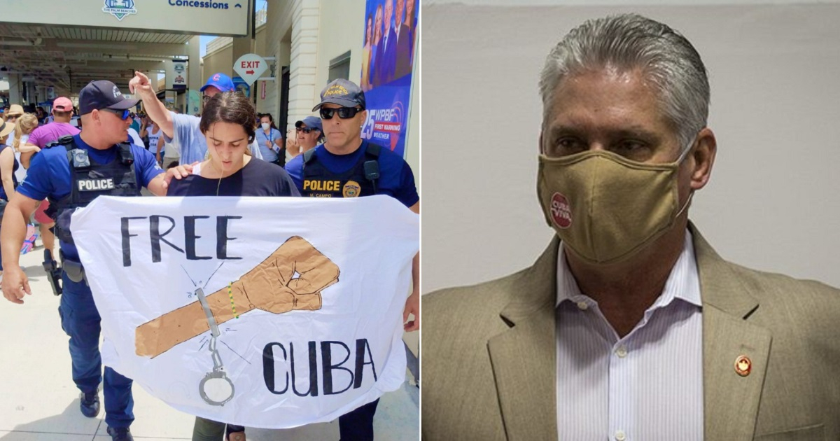 Manifestante cubana en Florida y Miguel Díaz-Canel. © Facebook de Omni LuisEligio Xll / Cubadebate