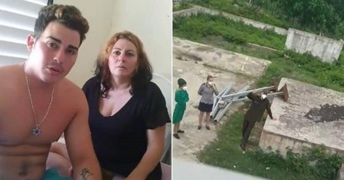 Alexey González y su madre y policía que amenaza a la mujer © Alexey González/ Facebook