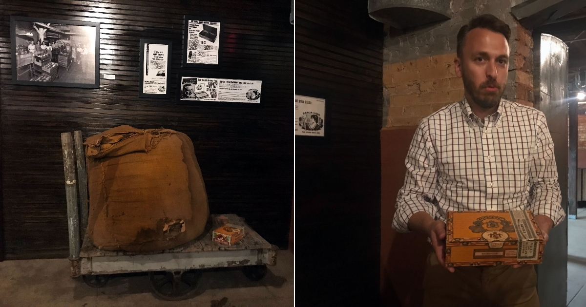 La última paca de tabaco cubano que ingresó a Estados Unidos / Drew Newman con una antigua caja de puros fabricados por su compañía. © Amy Galo/CiberCuba