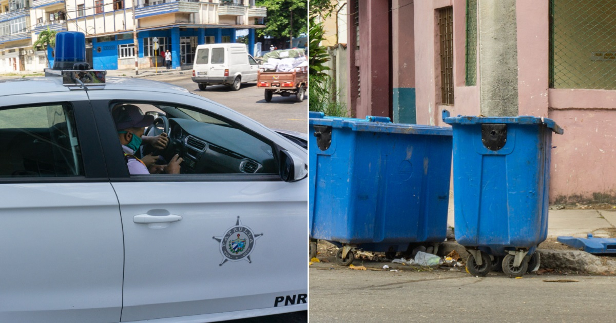 Patrulla de policía cubana y contenedores de basura en La Habana (imagen de referencia). © CiberCuba