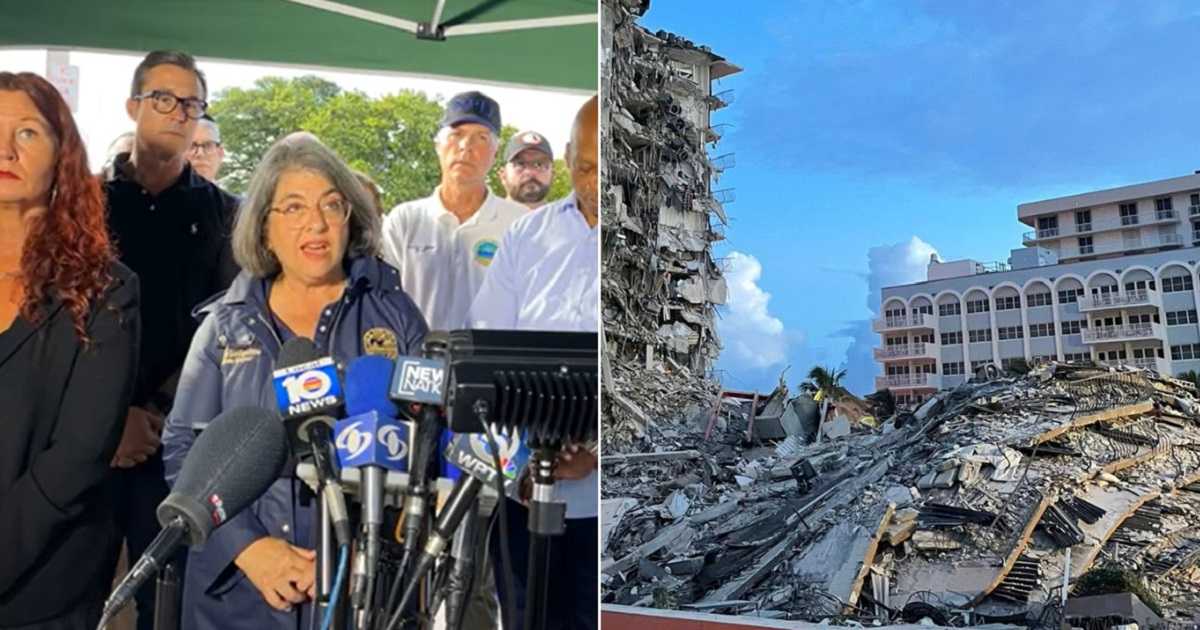 Daniella Levine Cava en conferencia de prensa y edificio colapsado en Surfside © Policía de Miami-Dade / Twitter Miami-Dade Fire Rescue