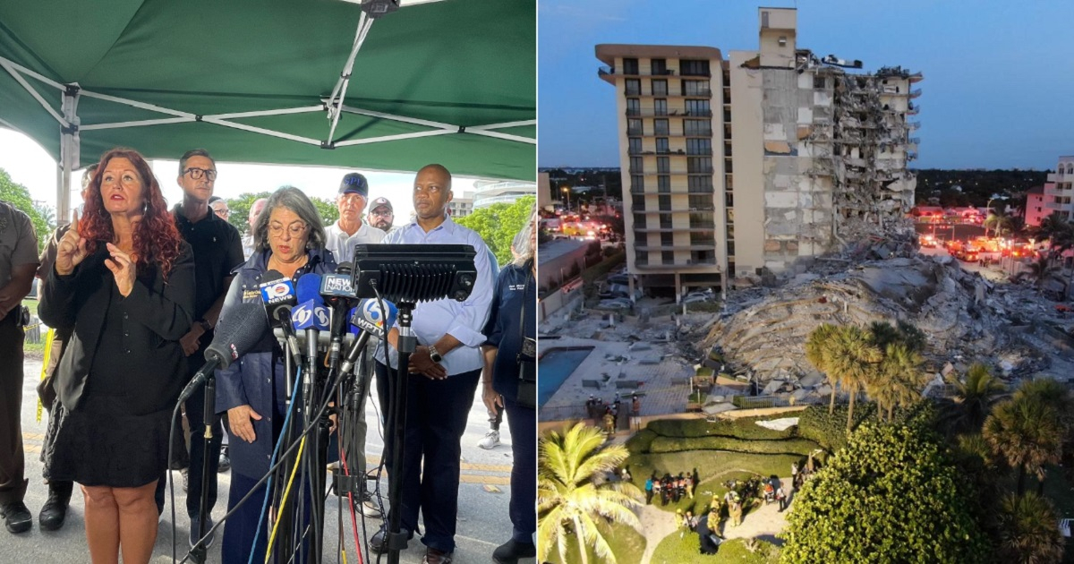 Daniella Levine Cava en conferencia de prensa y edificio colapsado en Surfside. © Twitter / Miami-Dade Police / Miami-Dade Fire Rescue