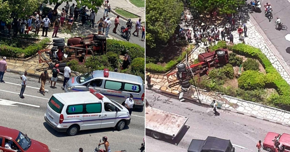 Camión volcado en la esquina del Paseo Martí con la Carretera Central, en Santiago de Cuba © Facebook / Accidente Buses & Camiones