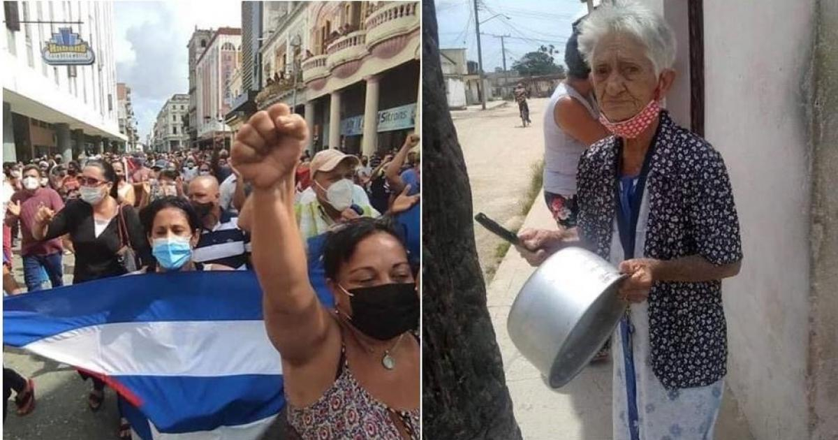 Protestas en Cuba y anciana protestando con una cazuela en la calle © Redes sociales y Twitter/ Angel