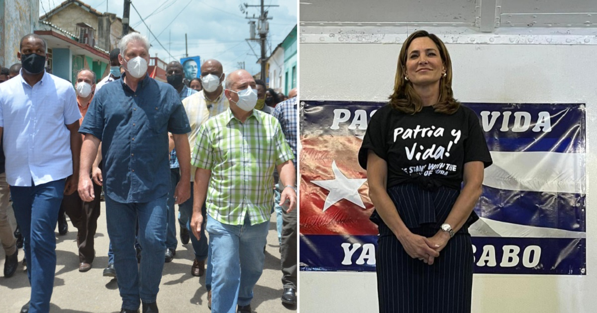 Miguel Díaz-Canel caminando junto a escolta y funcionarios del régimen y María Elvira Salazar. © Cubadebate / Facebook de María Elvira Salazar