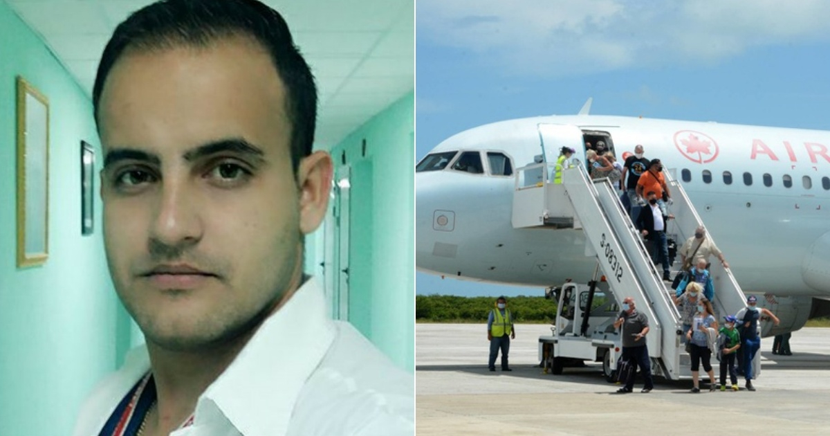 El médico cubano Alexander Pupo (i) y arribo de avión a Cuba con turistas canadienses (d) © Collage Facebook Alexander Pupo / Periódico Invasor