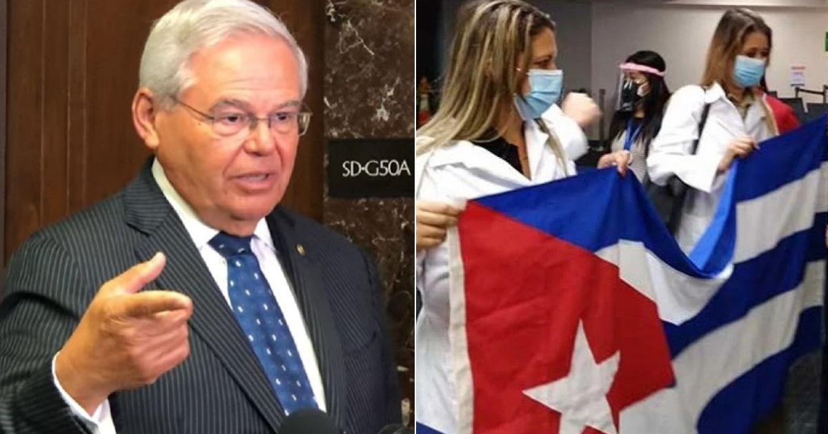 Senador Bob Menéndez (I) y médicos cubanos © YouTube / VoA - Prensa Latina/ Osvaldo Martínez Rodríguez
