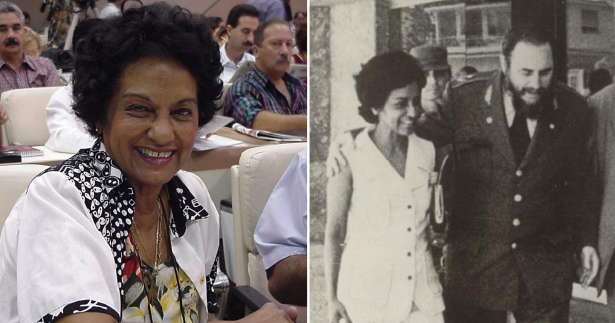Marta Rojas y una imagen de archivo junto a Fidel Castro. © Granma