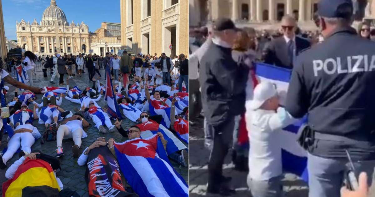 Cubanos en el Vaticano y policía quitando la bandera a un cubano © Facebook / Clara Fonseca y CiberCuba