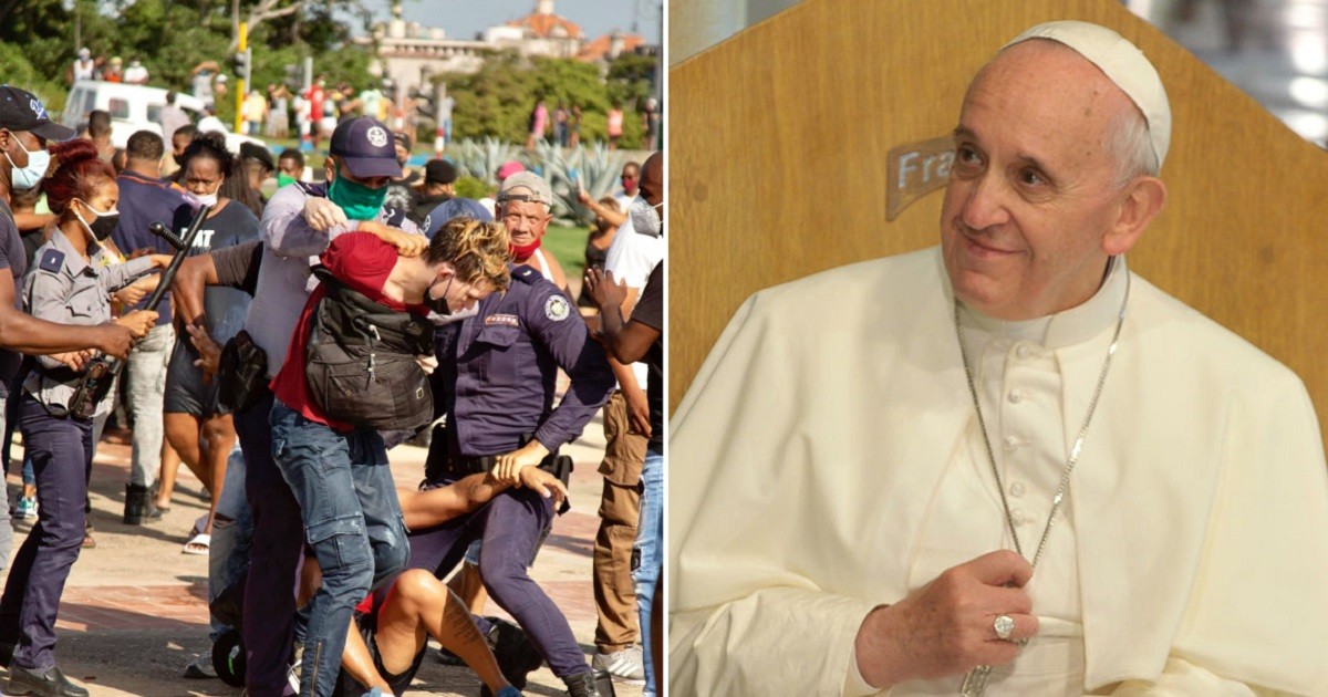 Represión a manifestante del 11J y Papa Francisco. © Facebook de Marcos Évora / Wikimedia Commons