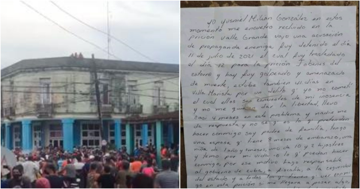 Protesta del 11J en Placetas /Carta de cubano detenido el 11J © Facebook Liesl González / Dairis González Ravelo