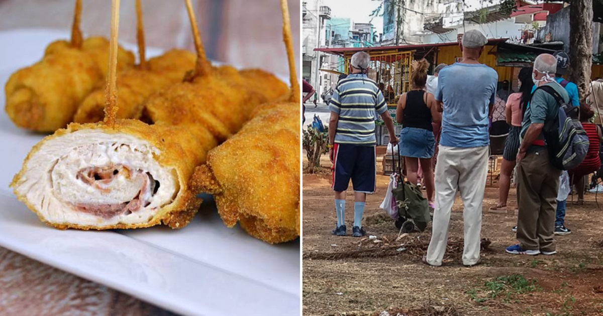 Imagen de rollos de pechuga de pollo en Cubadebate y cola para comprar alimentos en La Habana © Cocina familiar / CiberCuba