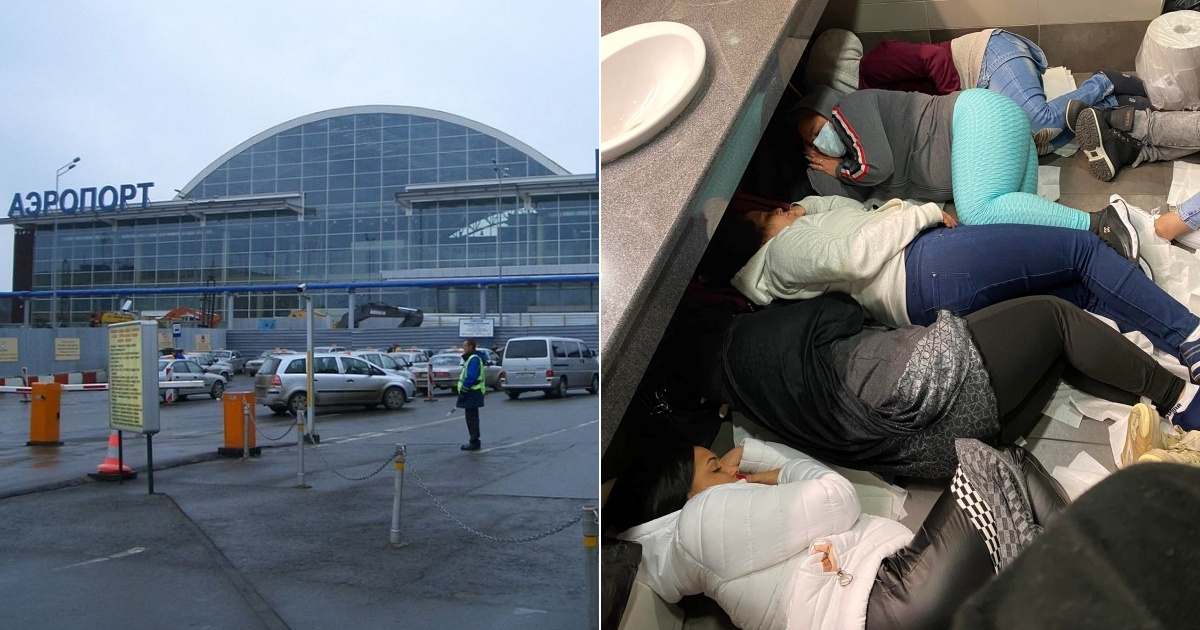 Aeropuerto de Vnukovo (i) y Cubanos durmiendo en el aeropuerto de Moscú (d) © Collage Wikipedia - Facebook/Cubanos en Rusia