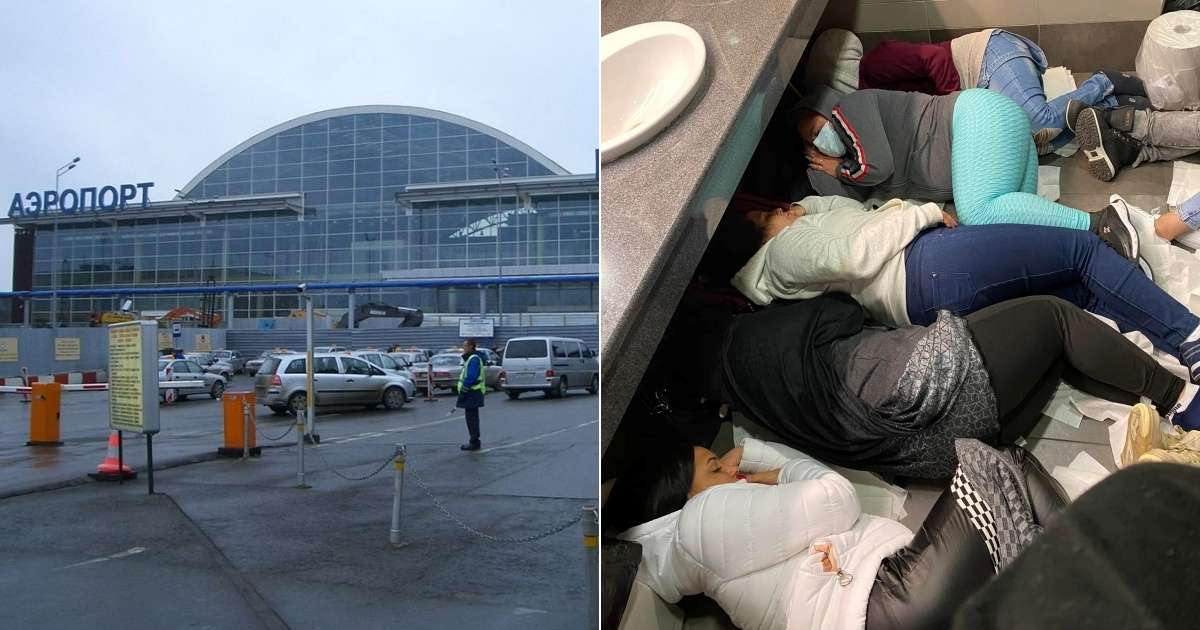 Aeropuerto de Vnukovo (i) y Cubanos durmiendo en el aeropuerto de Moscú (d) © Foto © Collage Wikipedia - Facebook/Cubanos en Rusia