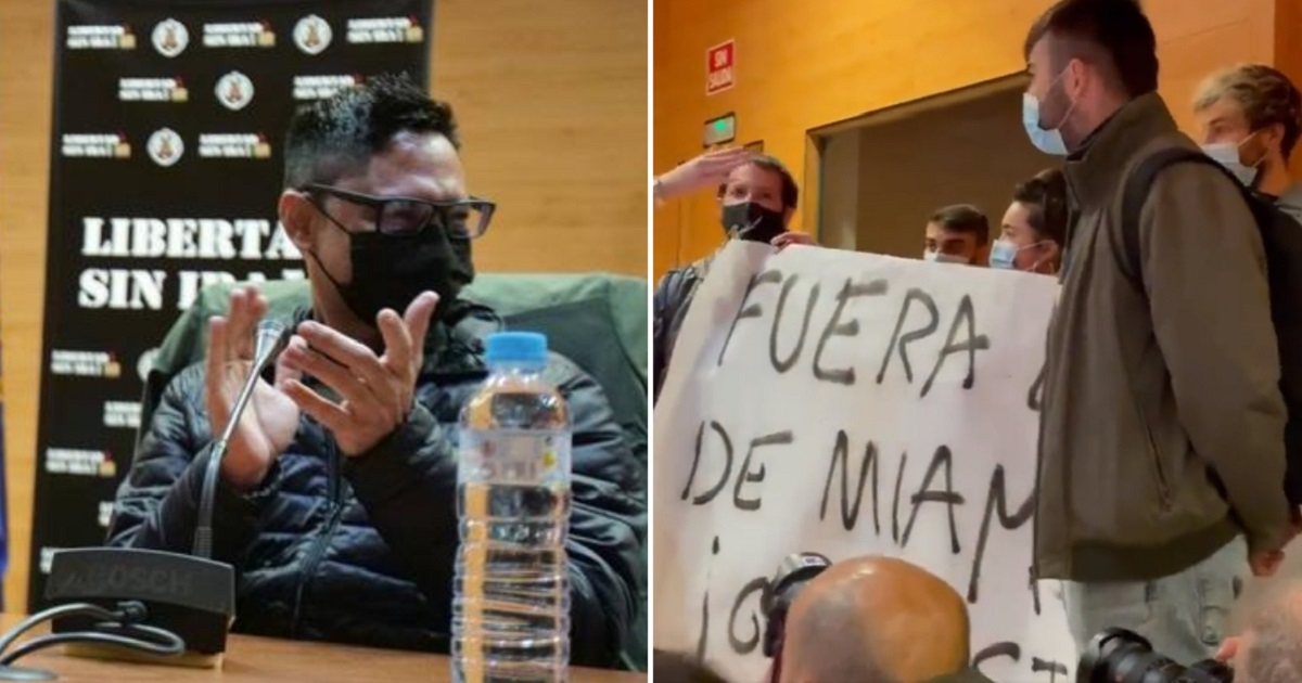 Yunior García y estudiantes intentando boicotear evento en Madrid. © Twitter / Libertad Sin Ira UCM / NNGG España