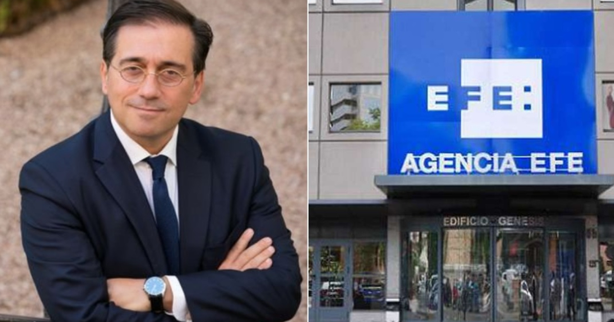 José Manuel Albares, ministro de Asuntos Exteriores de España, y edificio de la agencia EFE en Madrid © Twitter/ José Manuel Albares - EFE